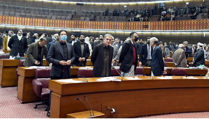 Former prime minister Imran Khan and other PTI parliamentarians are seen in the National Assembly on January 13, 2022. — APP