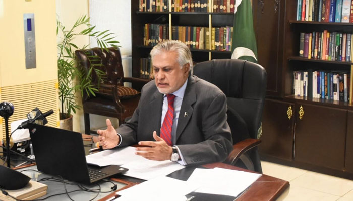 Federal Minister for Finance Ishaq Dar virtually addressing a ceremony to mark the first listing of a developmental REIT (Globe Residency REIT) on the Pakistan Stock Exchange on December 28, 2022. PID