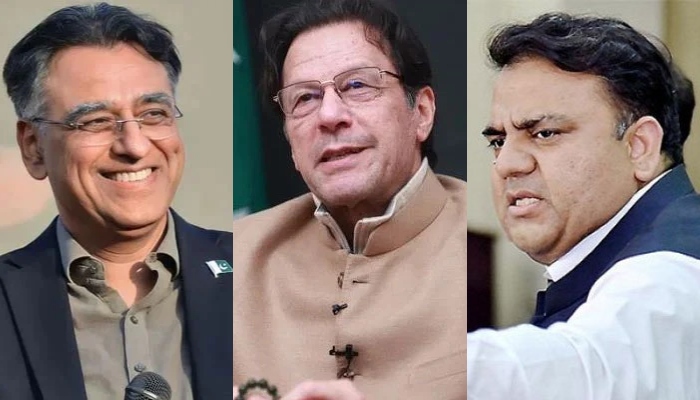 PTI Secretary General Asad Umar (left) Chairman Imran Khan, and Senior Vice-President Fawad Chaudhry. — Twitter/Instagram/PID/File