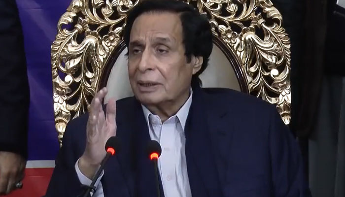 Punjab Chief Minister Parvez Elahi addressing a press conference on January 5, 2023. Screengrab of a Twitter video.