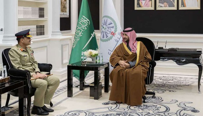 General Asim Munir meets Saudi Defence Minister Prince Khalid bin Salman. Saudi press agency.