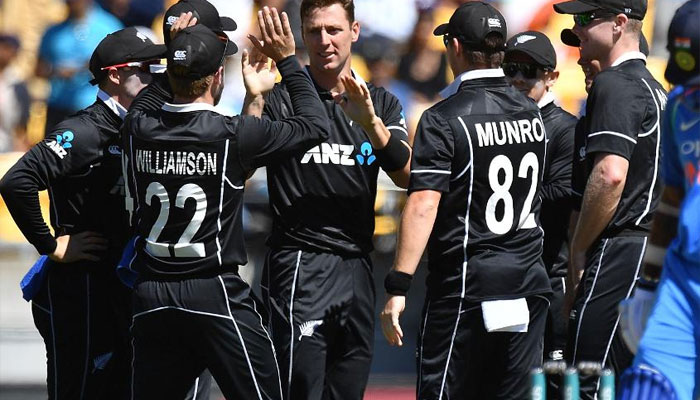 New Zealand players celebrate a wicket in an ODI match. — ICC/File