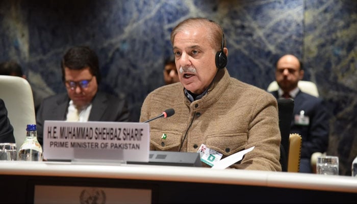 PM Shehbaz addressing the internatinal conference on Resilient Pakistan held in Geneva on January 9, 2023. PID