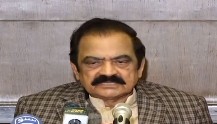 Rana Sanaullah addressing a press conference on December 9, 2023. PID