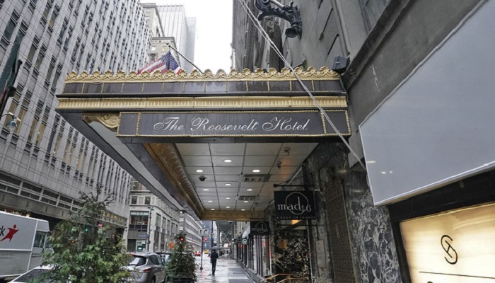 The entrance of the Roosevelt Hotel, a historic luxury hotel in Midtown Manhattan, is seen in New York on October 12, 2020. — AFP/ File