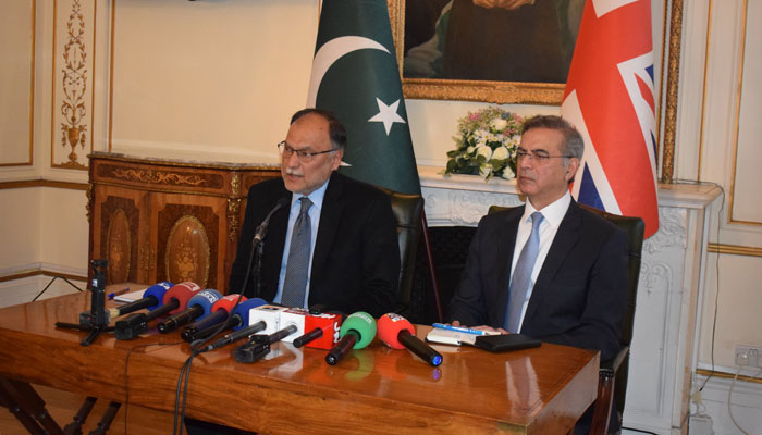Minister Ahsan Iqbal addressing a press conference here at Pakistan High Commission on January 13, 2023. Twitter/PakistanInUK