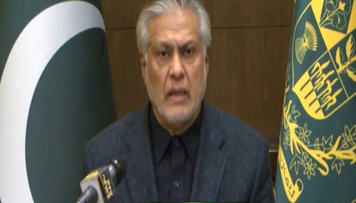 Finance Minister Ishaq Dar addressing a news conference in Islamabad on January 5, 2023. Sreengrab  of a TV video.