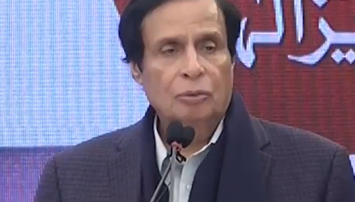 Punjab Chief Minister Pervaiz Elahi speaking to the media at a ceremony on January 17, 2023. Screengrab of a Twitter video.