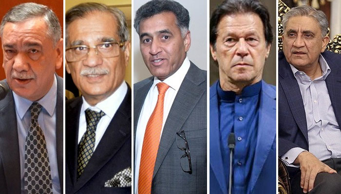 A combo of Asif Saeed Khosa (left) and Saqib Nisar (first left), Lt General Faiz Hameed (centre), Imran Khan (second right) and General (retd) Bajwas pictures. — AFP/Twitter