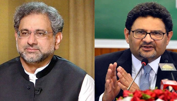 PML-N leaders Shahid Khaqan Abbasi (Left) and Miftah Ismail. The  News/File