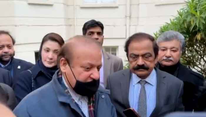 Former prime minister Nawaz Sharif speaks to the media after holding a meeting with senior PML-N leaders in London. — PML-N Twitter