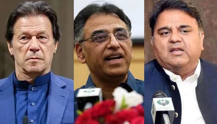 PTI chief Imran Khan (Left), Asad Umar (Centre) and Fawad Chaudhry. The News/File