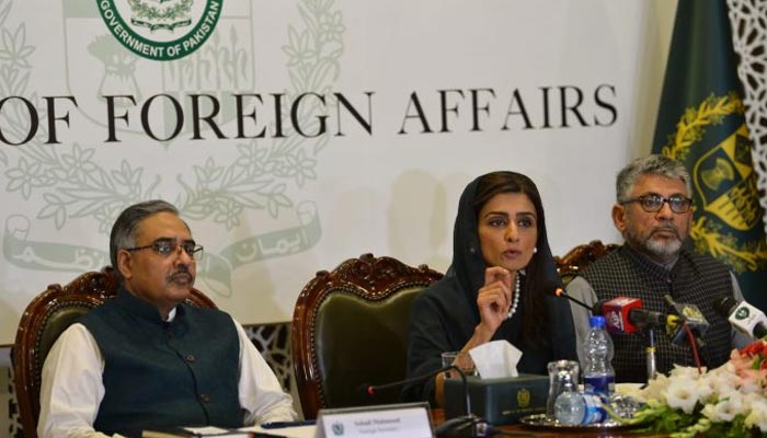 Minister of State for Foreign Affairs Hina Rabbani Khar addressing a press conference in this undated image. — APP