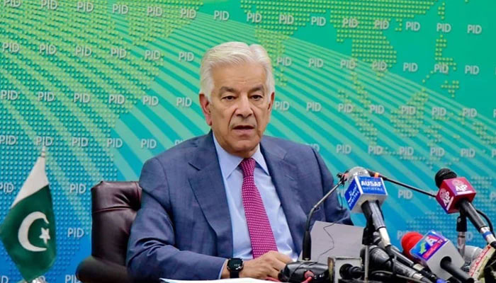 Defence Minister Khawaja Asif addresses a press conference in Islamabad on Wednesday. — PID