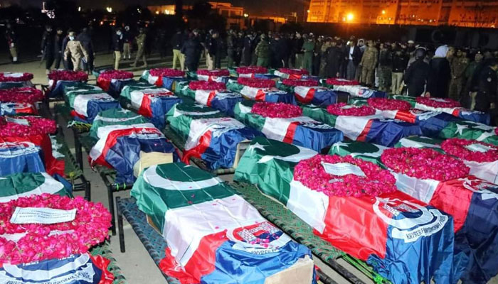 Coffins of 27 police personnel who were martyred in a massive suicide bombing in Peshawar on January 30, 2023. Twitter