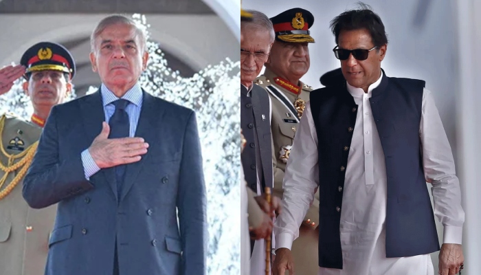 A combo of PM Shehbaz Sharif and former premier Imran Khans pictures. — AFP/File