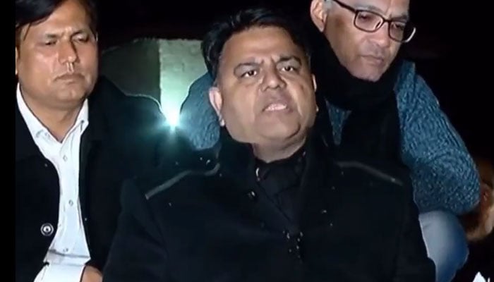 PTI leader Fawad Chaudhry talking to the media after being released on February 1, 2023. Screengrab of a Twitter video.