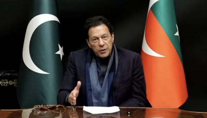 Pakistan Tehreek-e-Insaf (PTI) Chairman Imran Khan addressing the nation on February 1, 2023. Screengrab of a Twitter video.