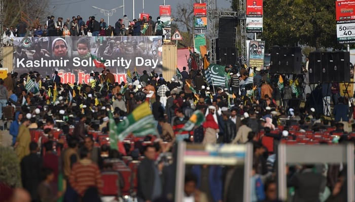 Activists of PTI gather during a demonstration to mark Kashmir Solidarity Day, in Islamabad on February 5, 2020. — AFP