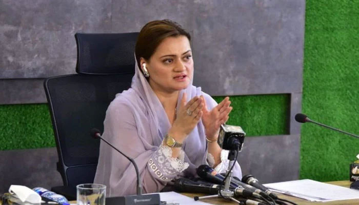 Federal Minister for Information and Broadcasting Marriyum Aurangzeb addressing a press conference. — APP/File