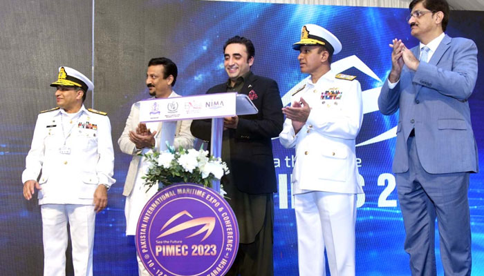 Foreign Minister Bilawal Bhutto inaugurating the ceremony of the Pakistan International Maritime Expo & Conference (PIMEC) in Karachi on February 10, 2023. PID