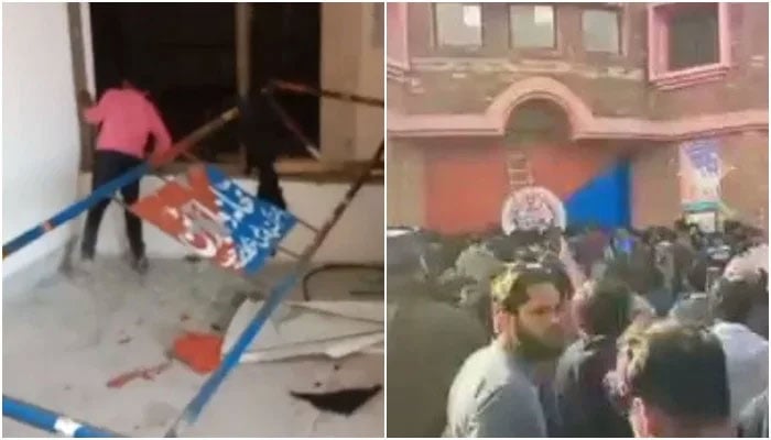 Screengrabs from videos circulating on social media purportedly showing the destruction by a violent mob outside a police station in Nankana Sahib.