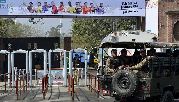 Security personnel loaded in a vehicle seen outside a stadium during PSL matches in this undated picture. — AFP/File