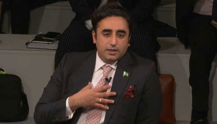 Foreign Minister Bilawal Bhutto-Zardari speaks during a panel discussion at Munich Security Conference in Germany on February 18, 2023, in this still taken from a video. — Twitter/@MediaCellPPP