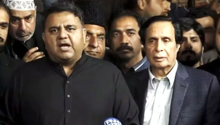 Former PML-Q leader Parvez Elahi addresses a press conference in Lahore alongside PTI Senior Vice President Fawad Chaudhry, on February 21, 2023, in this still taken from a video. — Twitter/PTI