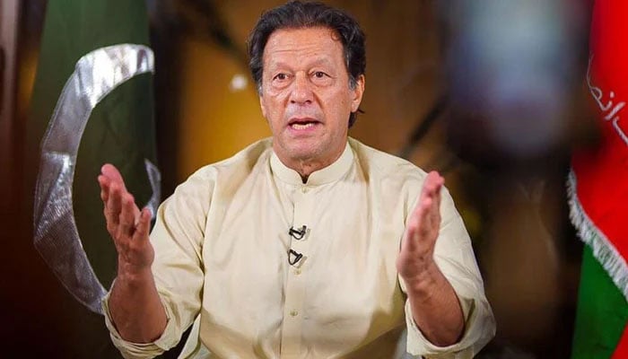 Former prime minister and PTI chief Imran Khan addresses long march participants via video link. — Instagram/@imrankhan.pti