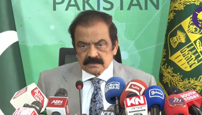 Interior Minister Rana Sanaullah addresses a press conference in Islamabad, on March 8, 2023, in this still taken from a video. — YouTube/GeoNews