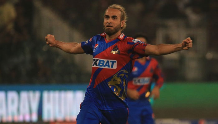 Karachi Kings bowler Imran Tahir celebrates after taking a wicket against Lahore Qalanaders on March 12, 2023. —Twitter@thePSLt20