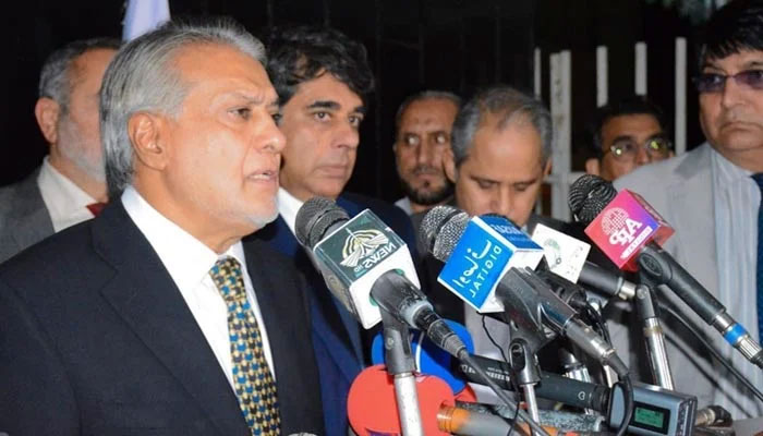 An undated image of Federal Minister for Finance and Revenue Senator Ishaq Dar speaking to the media. — PID