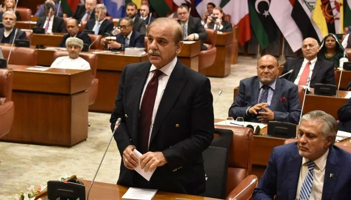 Prime Minister Shehbaz Sharif addressing a special session of the Senate in Islamabad on March 16, 2023 — Twitter/@SenatePakistan