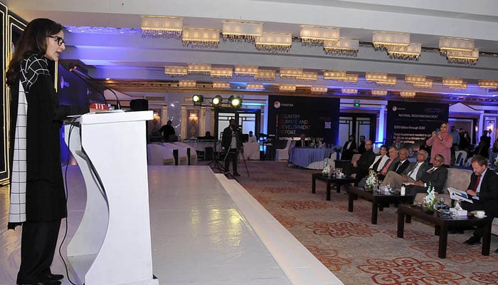 Federal Minister for Climate Change Senator Sherry Rehman addresses a ceremony of launch of World Banks Country Climate and Development Report of Pakistan at a local hotel in Islamabad on March 17, 2023. APP