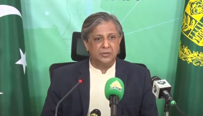 Law Minister Azam Nazeer Tarar addressing a press conference on March 23, 20223, in this still taken from a video. — Twitter/@PTVNews