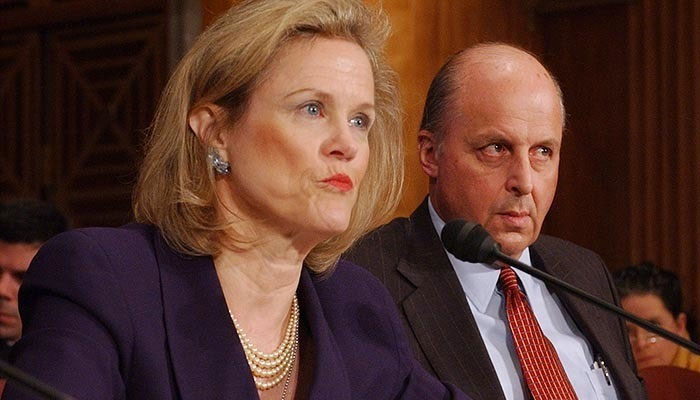 In this April 7, 2004 file photo, Robin Raphel, who was coordinator of the State Departments Office of Iraq Reconstruction at the time, discusses the UNs Oil for Food Program on Capitol Hill during an appearance before the Senate Foreign Relations Committee. - AP/file