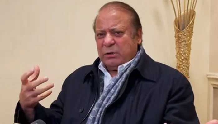 Former prime minister and Pakistan Muslim League-Nawaz (PMLN) supremo Nawaz Sharif addressing a press conference in London on March 31, 2023. Photo provided by the reporter.