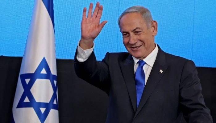 Benjamin Netanyahu addresses supporters at campaign headquarters in Jerusalem, Israel, Nov. 1, 2022.— AFP