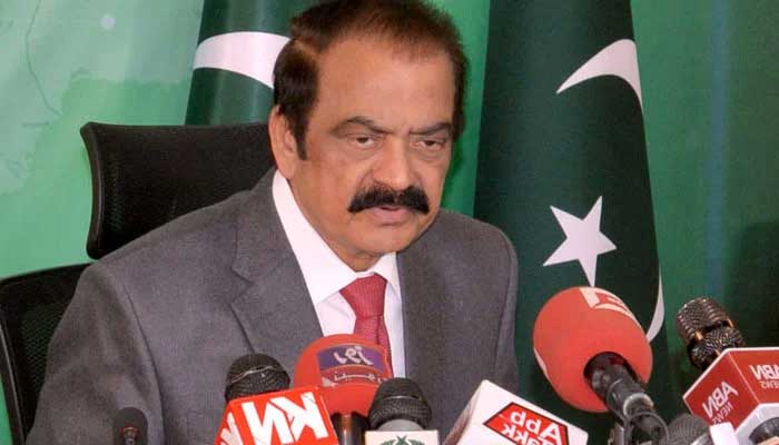 Interior Minister Rana Sanaullah addressing a press conference at PTV headquarters on March 6, 2023. — APP