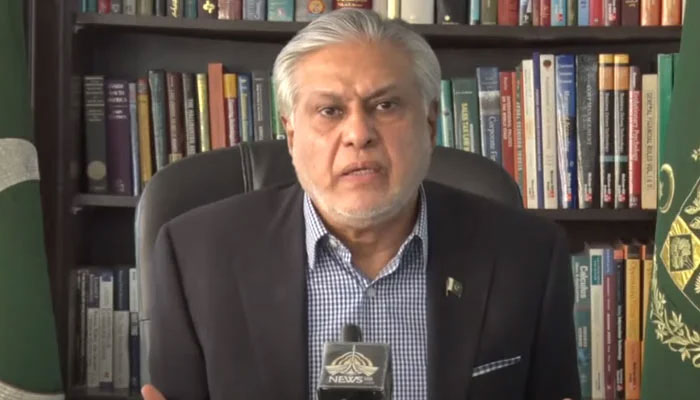 Finance Minister Ishaq Dar addresses a press conference via video from Islamabad, on April 8, 2023, in this still taken from a video. — YouTube/PTVNews