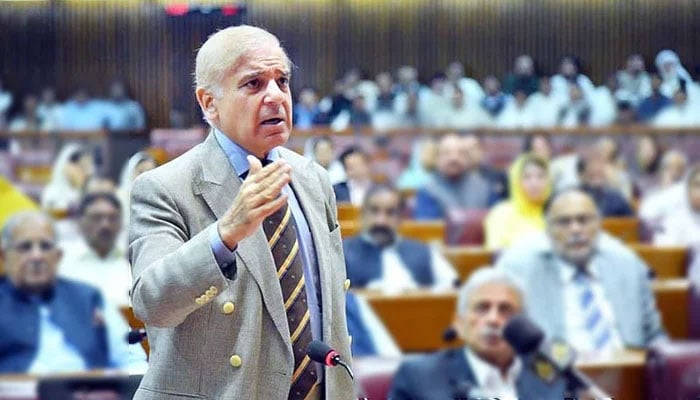 Prime Minister Shehbaz Sharif delivers his first speech at the National Assembly in Islamabad, on April 11, 2022. — PID