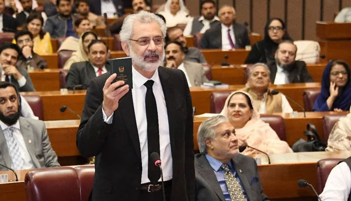 Justice Qazi Faez Isa speaks during the National Assembly session to celebrate the Constitutions golden jubilee on Monday. — Facebook/NationalAssemblyOfPakistan