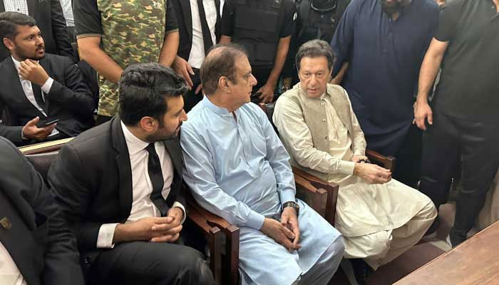 PTI Chairman Imran Khan appeared at the Lahore High Court for hearing of his plea with his legal team on April 18, 2023. — Twitter/@PTIofficial