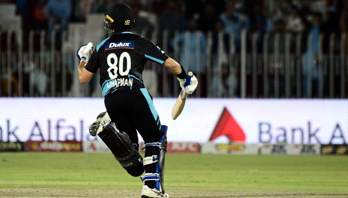 New Zealand batter Mark Chapman celebrating after scoring hundred agaisnt Pakistan. -Twitter@blackcaps