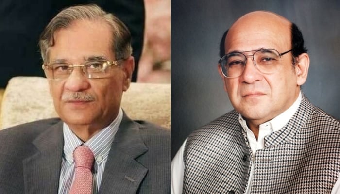 Former chief justice Saqib Nisar (left) and lawyer Khawaja Tariq Raheem. — Twitter