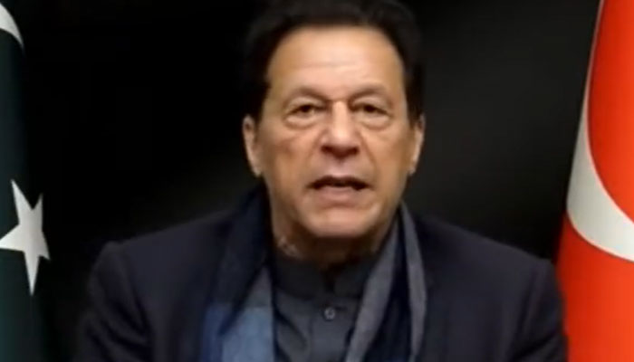 Imran Khan addressing an event through a video link on February 1, 2023. Screengrab of a Twitter video.