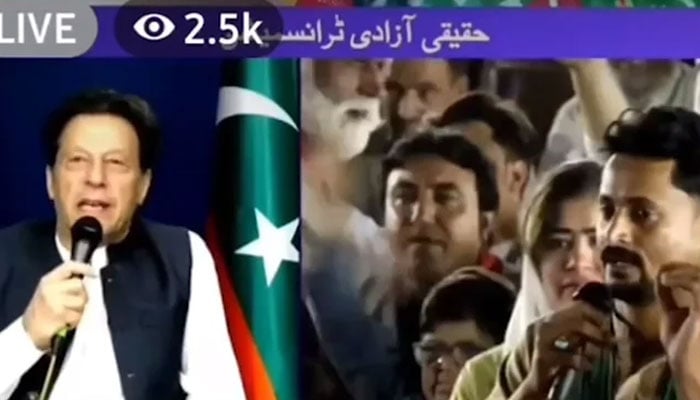 PTI chief Imran Khan is addressing workers via video link from Lahore — YouTube/GeoNews/Screengrab