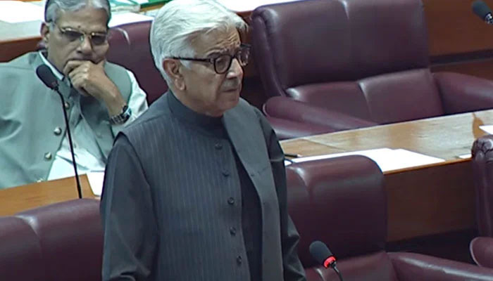 Defence Minister Khawaja Asif speaks on the floor of the National Assembly in Islamabad, on May 2, 2023, in this screengrab taken from a video. — YouTube/PTVNewsLive