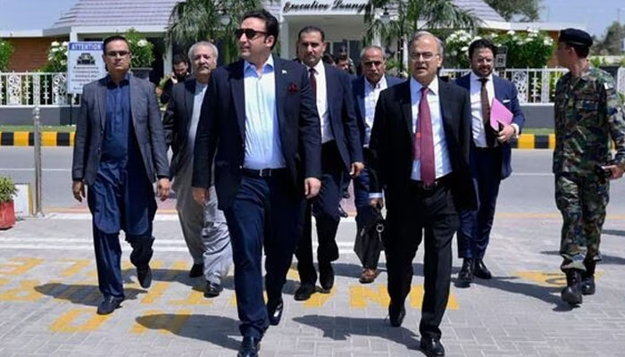 In this photo released by Pakistans Foreign Ministry, Foreign Minister Bilawal Bhutto Zardari, third left, walks with other officials toward his plane to depart for India, in Karachi, Pakistan, Thursday, May 4, 2023. —AP